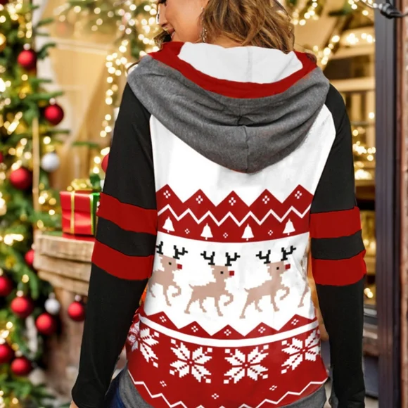 Reindeer Hoodie – Soft Snowflake Print Long Sleeve Drawstring - Picture 3 of 9